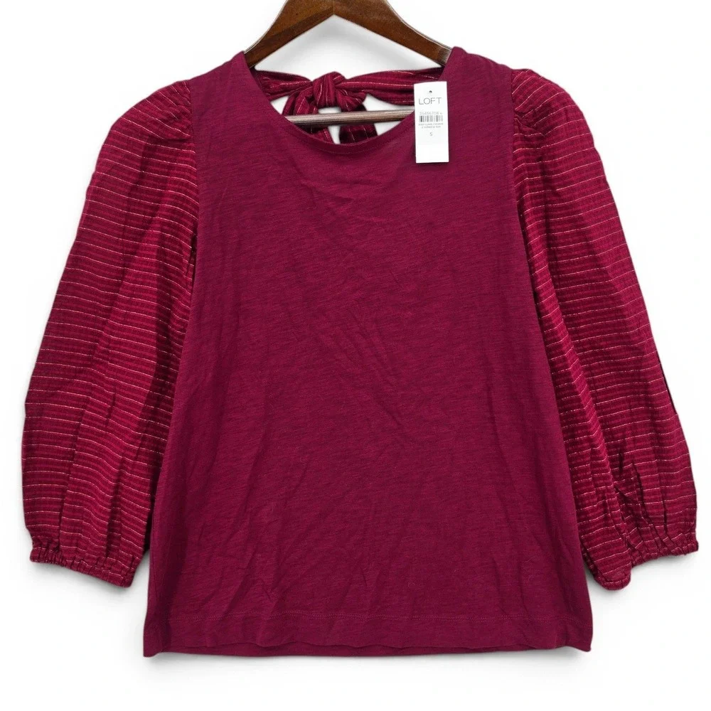 LOFT‎ Small Burgundy Tie Back Puff Sleeve Top Cottagecore Romantic Boho NWT
